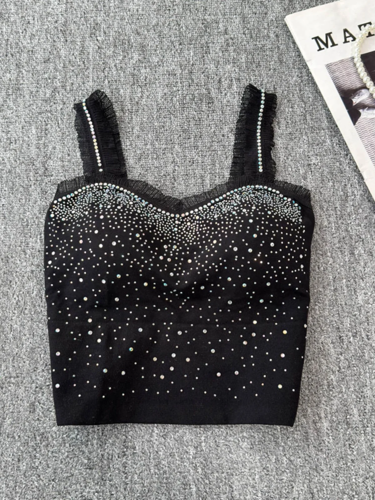 

Elastic Lace Brtte with Glitter Straps Women's ort Tank Top Anti-Light Innerwear with Chest Pad Wrap Chest Trendy Design