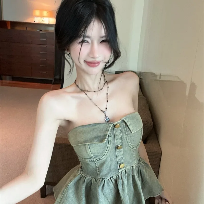 Vrouwen Sexy Club Vakantie Denim Slanke Korte Halter Tops Zomer Zwart Backless Ruche Rand Party Jean Vest Streetwear Nieuw