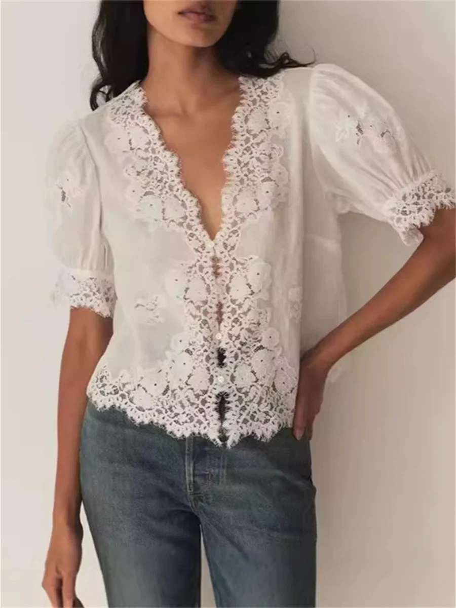 100% Ramie Women Hollow Lace Short Blouse Single Breasted Casual Short Sleeve V-Neck Early Autumn Ladies White or Black Shirt