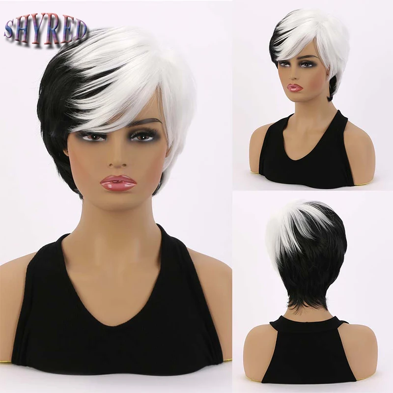 Lady Synthetic Short White Gradient Black Pixie Cut Wigs With Bangs for Women Hairstyle Women Daily Cosplay Realistic Looking Ha