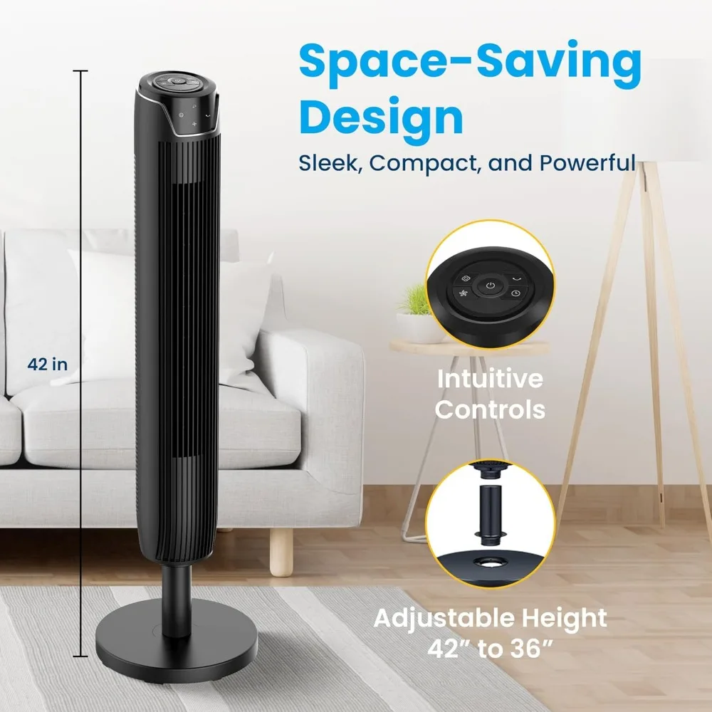 مروحة برجية متأرجحة مقاس 42 بوصة لغرفة النوم، جهاز تحكم عن بعد، بدون شفرات، هادئة، 3 أوضاع، مؤقت 7 ساعات، شاشة LED، أسود