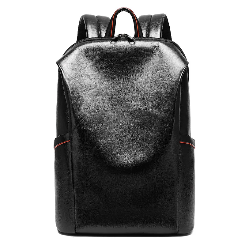 Men's Black Genuine Leather Backpack Vintage Cowhide Business Travel Rucksack with Red Stitching and Top Handle