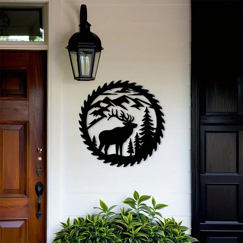 1pc Black Saw Blade Style Elk Metal Wall Sculpture, Rustic Forest Mountain Decor for Hunting Room Cabin Lodge, Holiday Wall Art