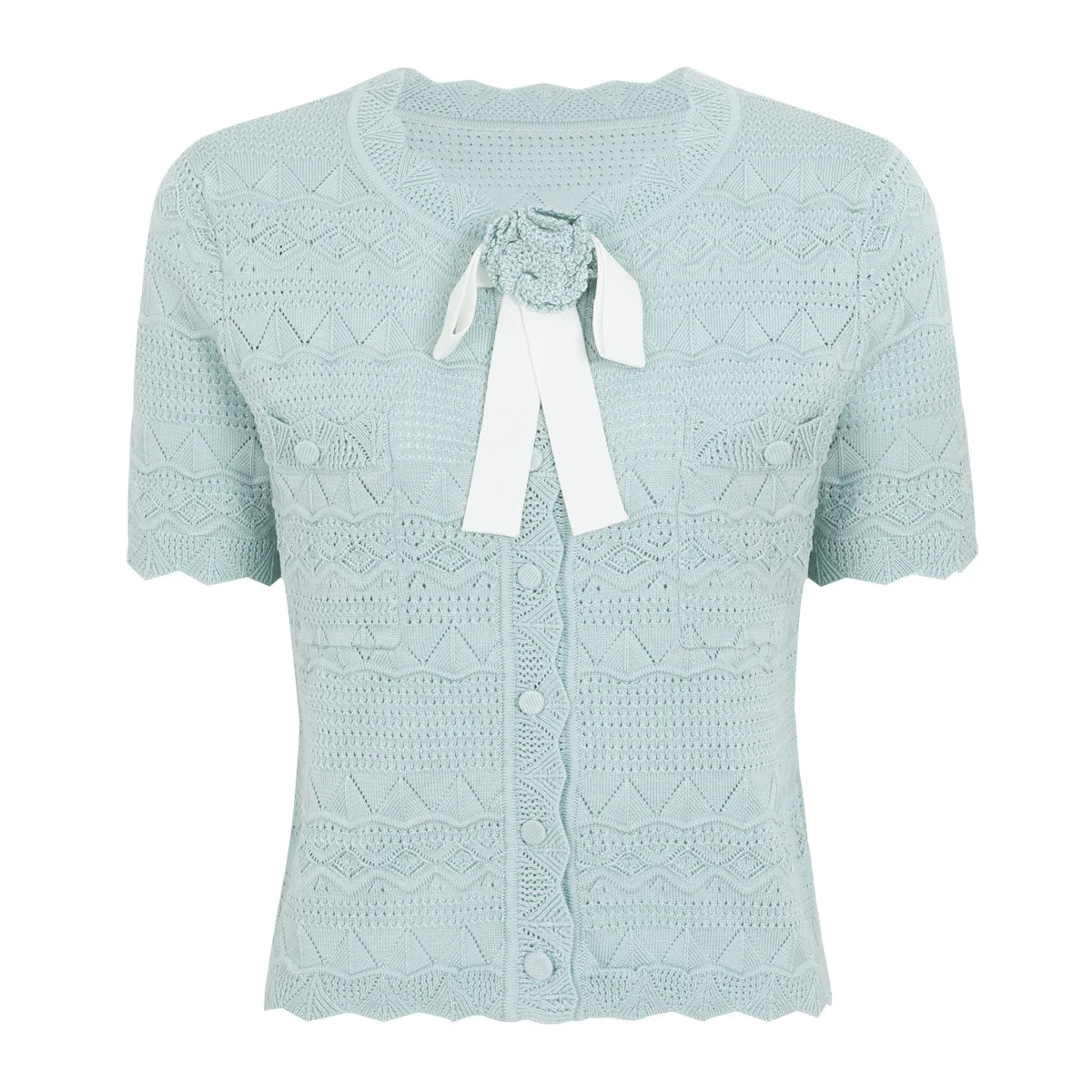 ZJYT New Summer Knitted Cardigans Sweater for Women 2026 Fashion Short Sleeve 3D Floral Bow Knit Tops Female Jumper Mujer White 3