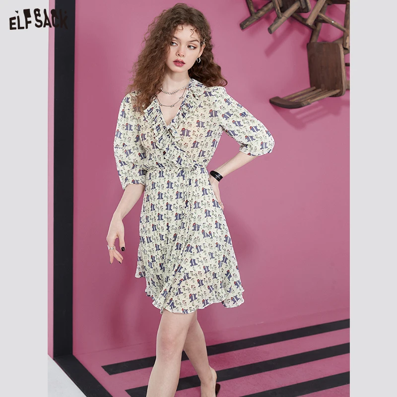 ELFSACK Full Pringting Chiffon Dresses Women 2023 Spring/Summer Short Sleeve Daily Dress