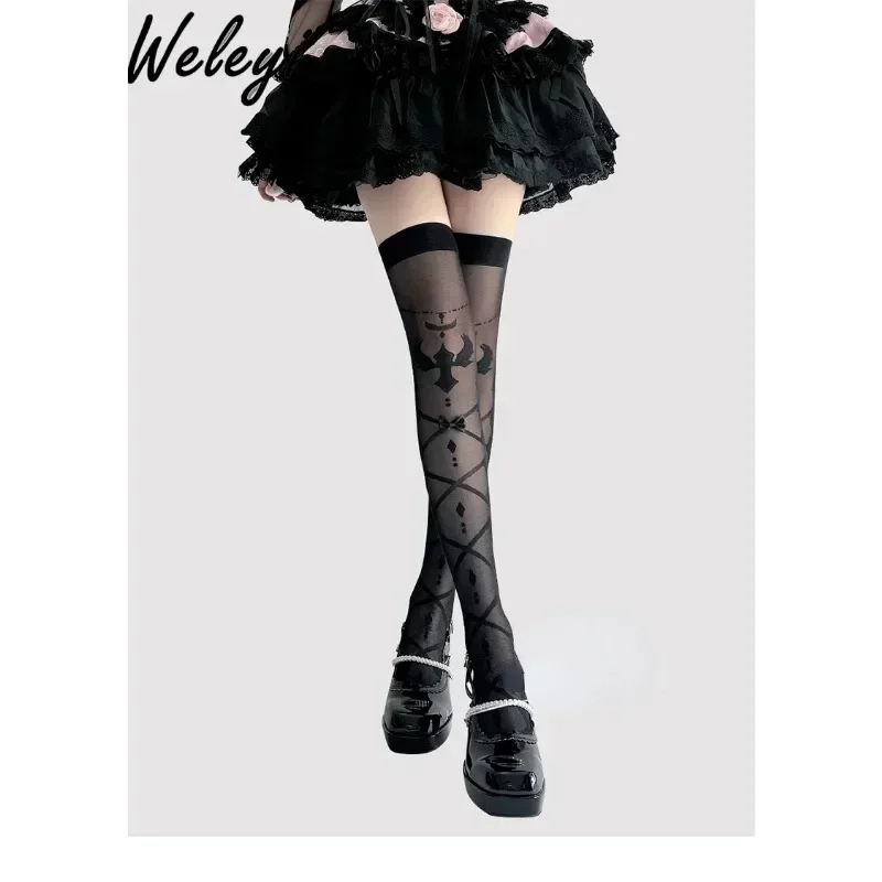 Kawaii Jiraikei Lolita Women's Sock 2025 Summer New All Matching Thin Black Silk High Thigh White Silk Sexy Gothic Knee Socks