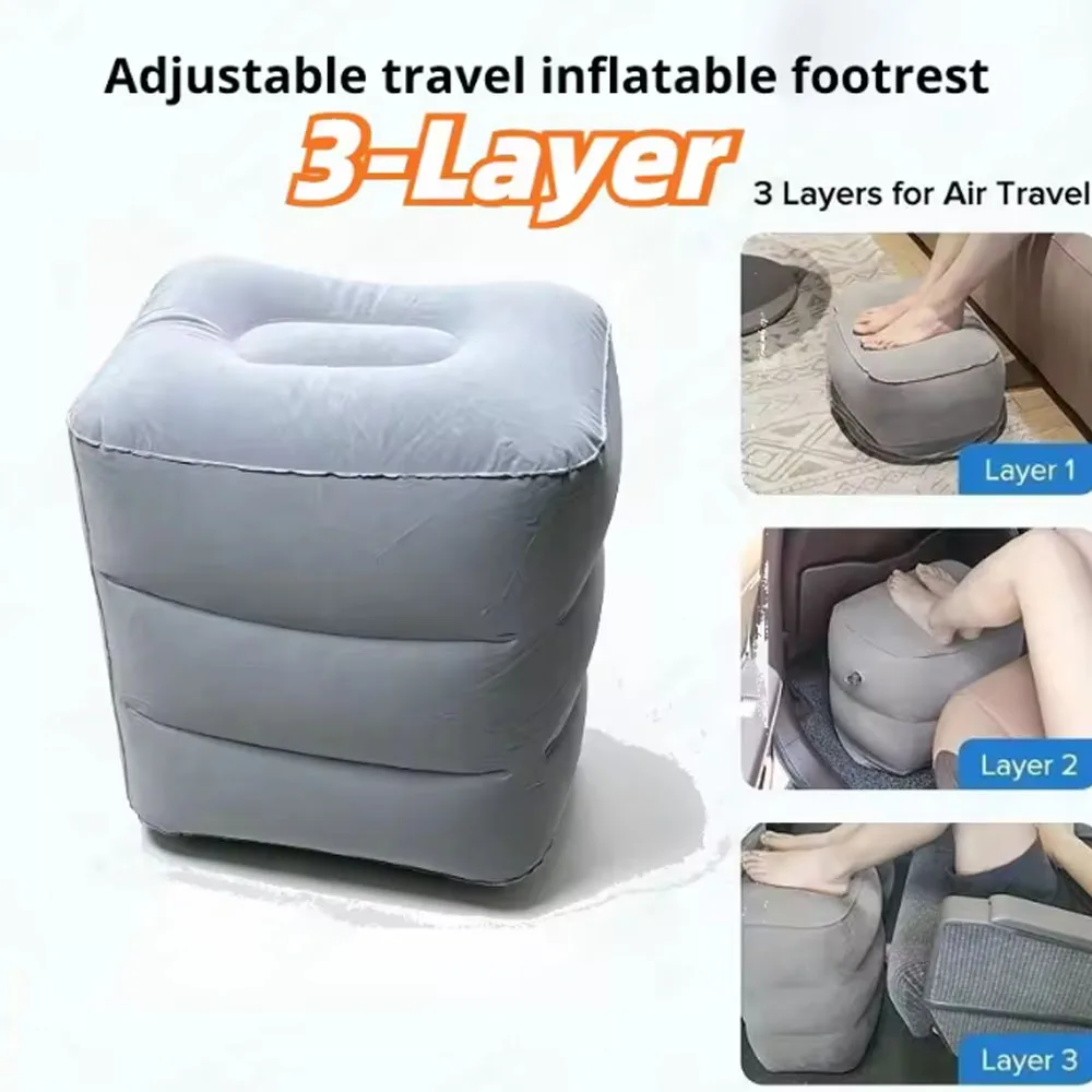 1-Piece Three-Layer Inflatable Footrest, Portable Multifunctional Car, Airplane, High-Speed Rail Flocking Pvc Rest Inflatable Footrest, Outdoor Travel Footrest Leg Pillow