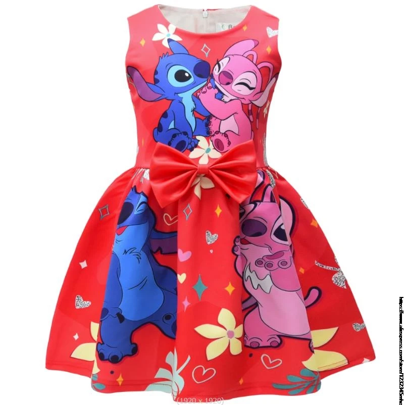 Summer Lilo And Stitch Junior Girl Princess Teenager Girl Bow bambini Girl Flying Sleeve Prom Dress Party Clothes