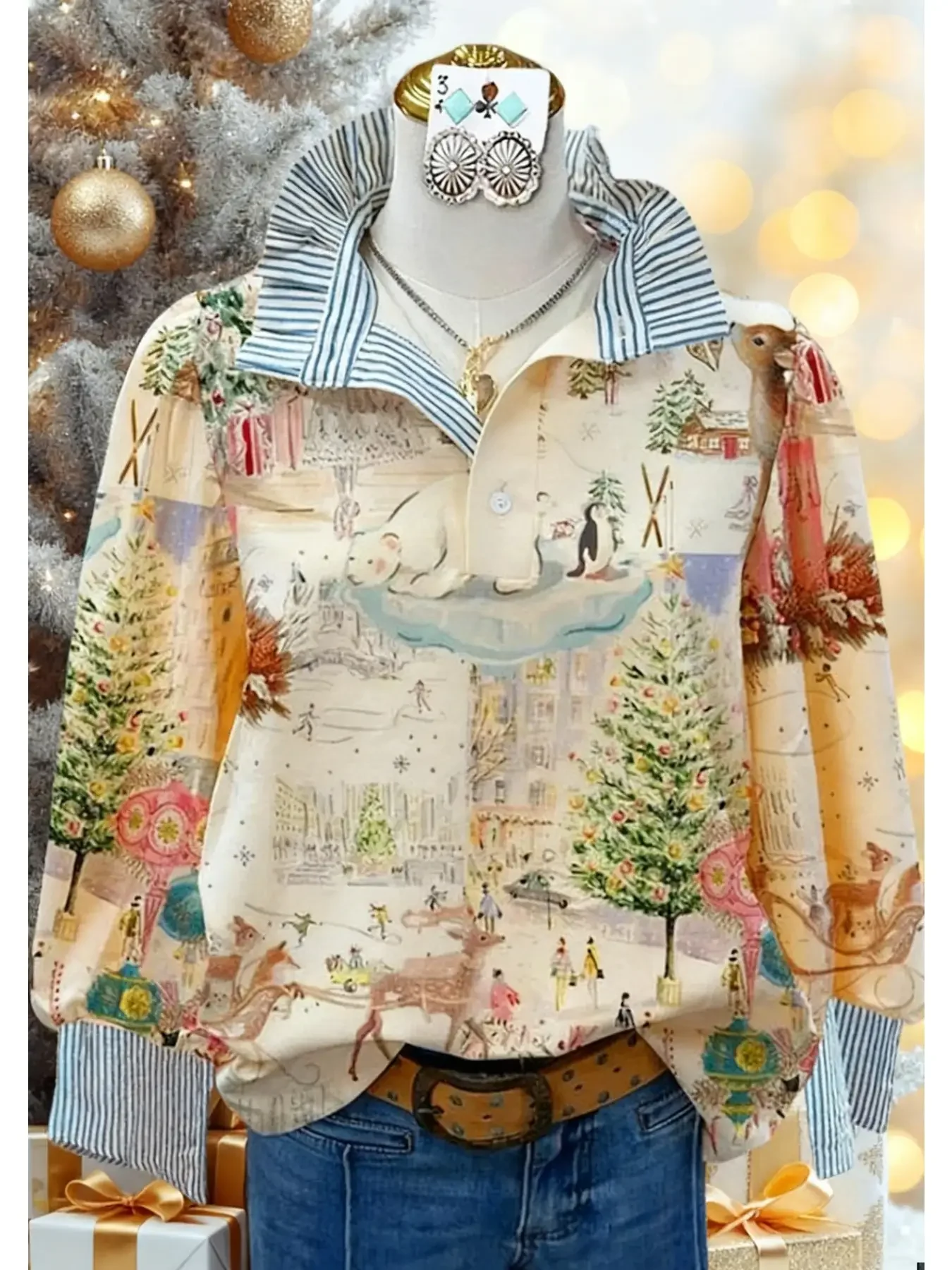 Ladies' elegant top long sleeved shirt, stand up collar style, Comfortable fit, women's shirt, multiple Christmas new styles.