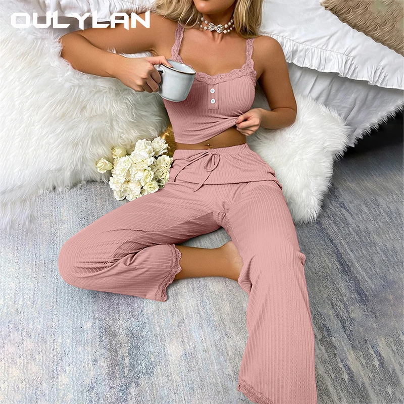 Oulylan Sexy Casual Pajamas Set For Women Summer Lace Long Trousers Sexy Two Piece Long Trousers Set Pajamas Loungewear