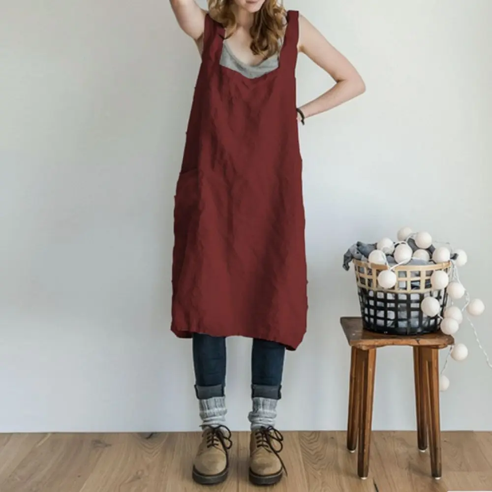 Cotton Linen Pinafore Dress Women Casual Summer Sleeveless Pocket Overall Skirt Loose Midi Apron Style Beach Vestidos