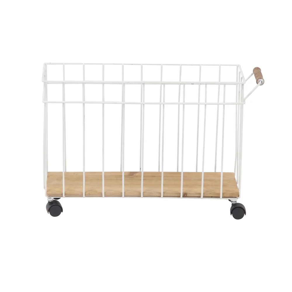 Rustic Wood Metal Magazine Holder with Caster Wheels Portable Storage Basket Home Office Organizing
