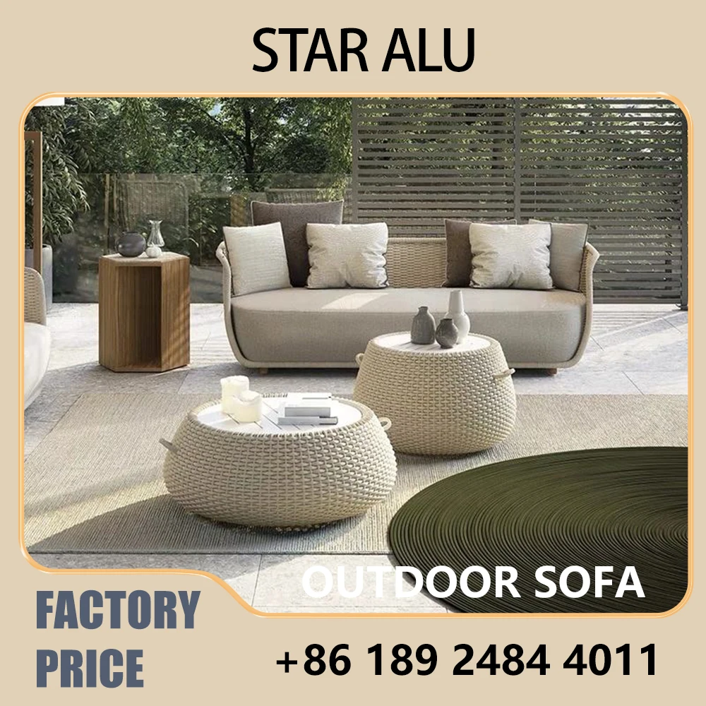 

Modern rattan outdoor sofa set, suitable for balconies, three-piece bohemian-style rattan casual sofa set with soft cushions