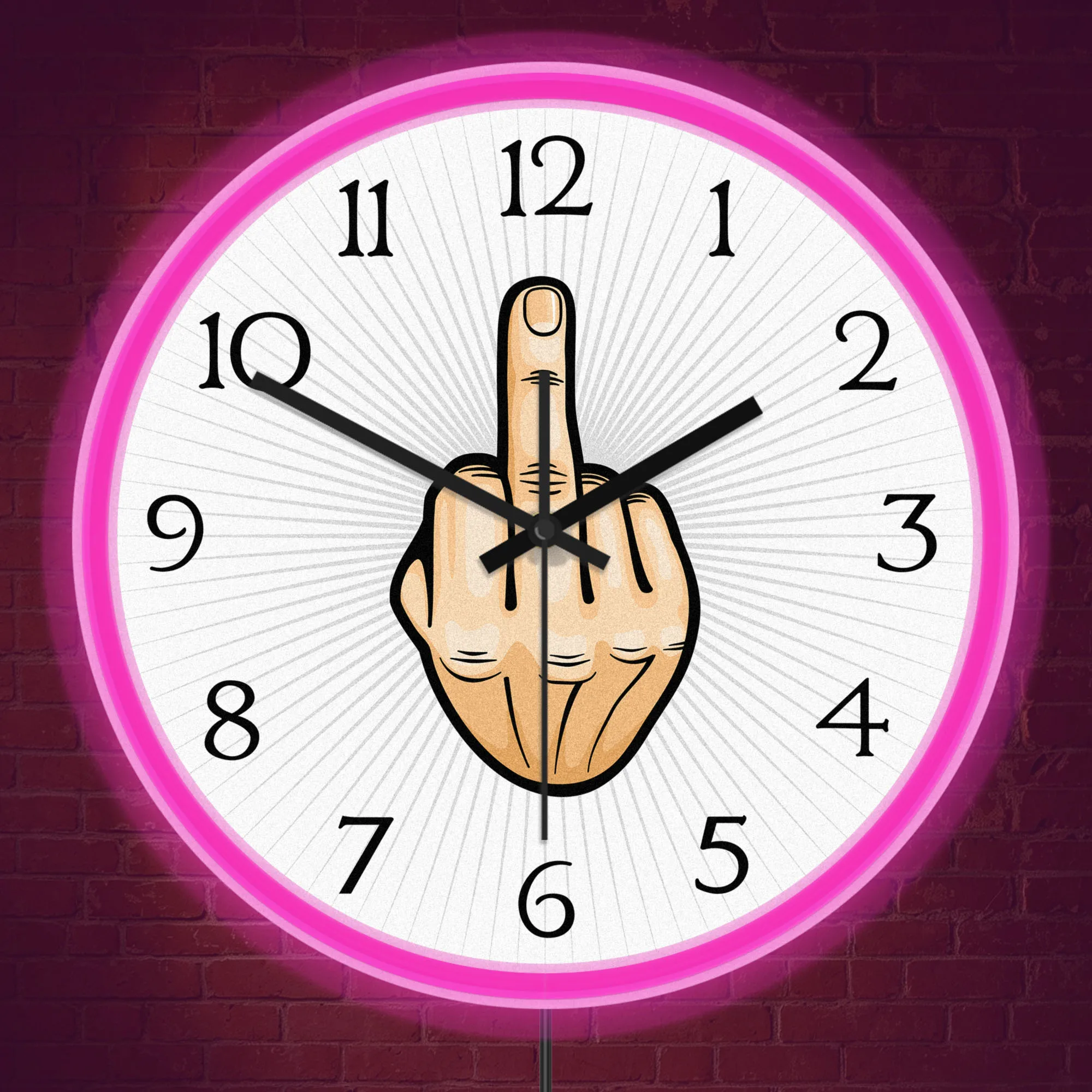 Middle Finger Hand LED Neon Rim Wall Clock for Man Cave Bar Room Rude Hand Gesture Illuminated Wall Clock Prank Lovers Rude Gift