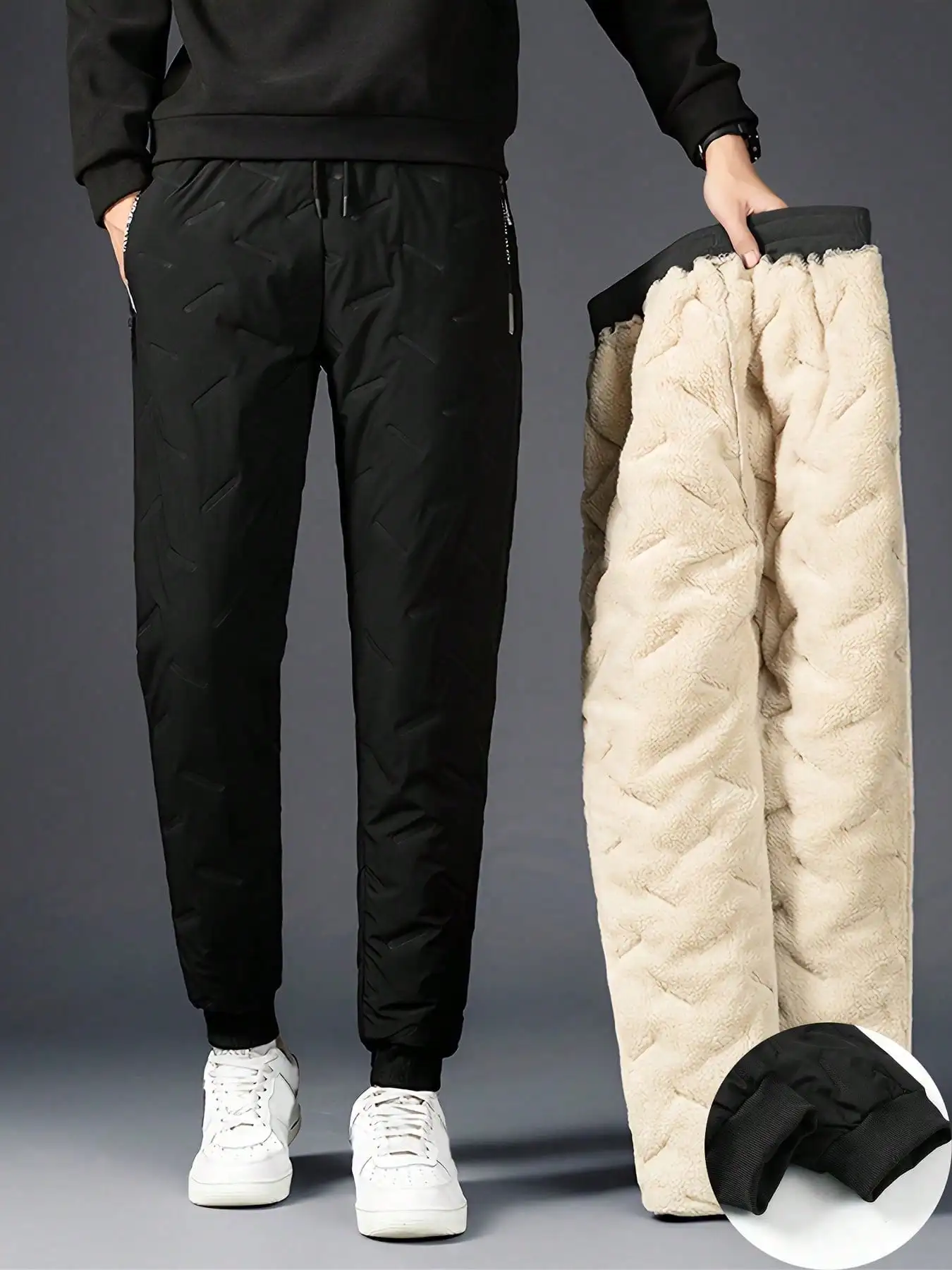 

Men's Thick Fleece-Lined Winter Joggers with Geometric Quilted Design