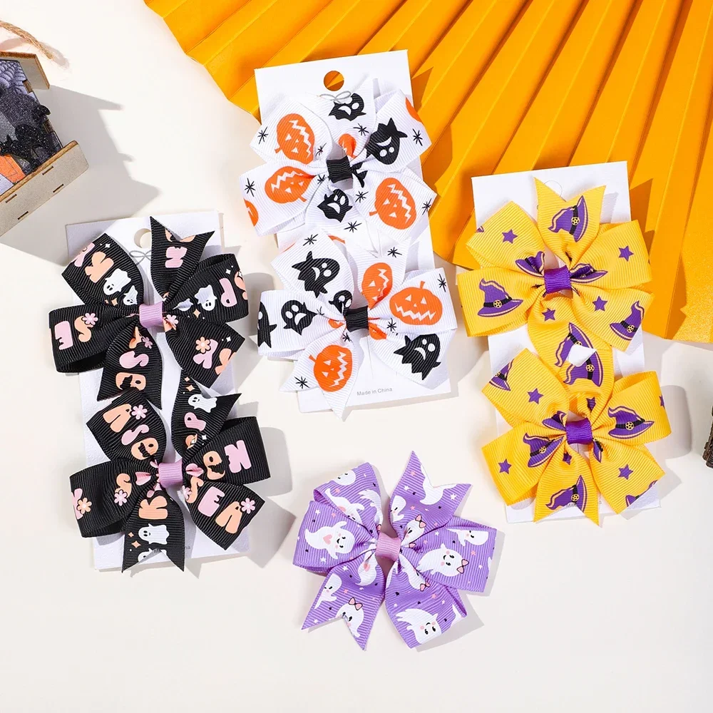 2PCS/set Kids Halloween Hair Clips Pumpkin Devil Hair Bows Clips Girls Festival Party Barrettes Clips Children Hair Accessories