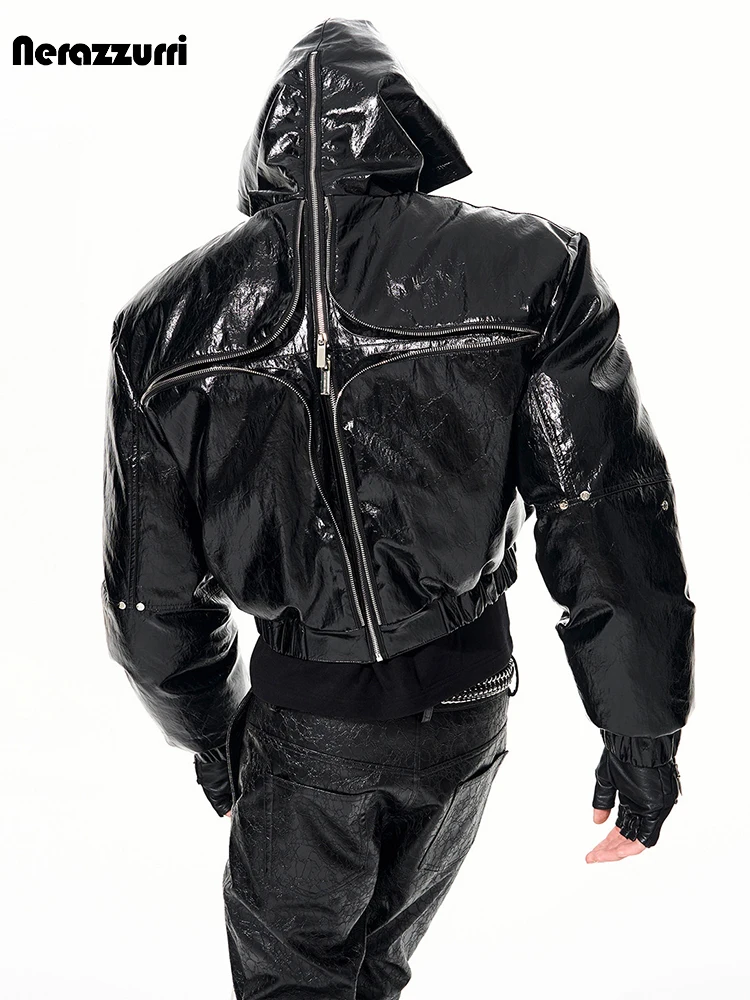 Nerazzurri Herbst Coole Kurze Glänzende Reflektierende Schwarze Lacklederjacke für Herren mit Kapuze Streetwear Runway Europäische Mode
