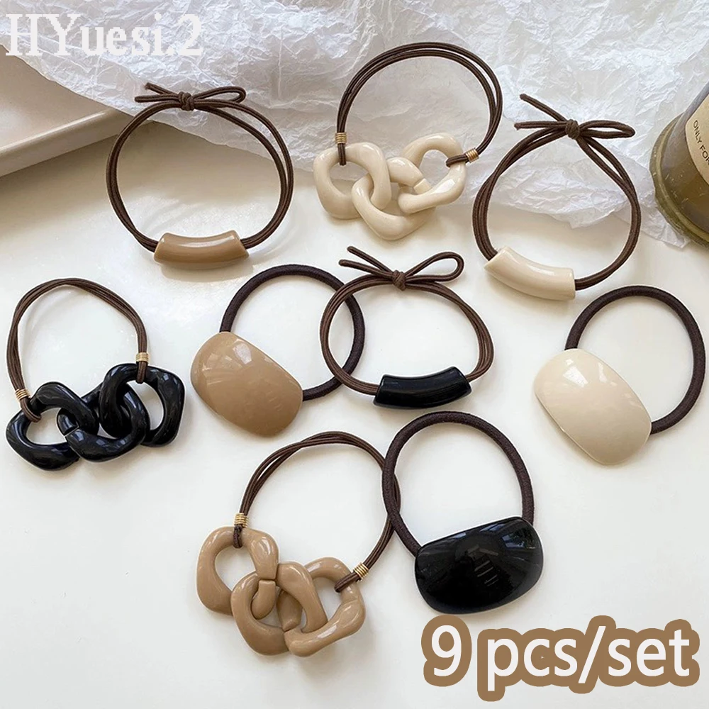 9/12pcs Simple Acrylic Chain Link Hair Ties Set Women Girls No Damage Elastic Ponytail Holder Rubber Band Bracelets