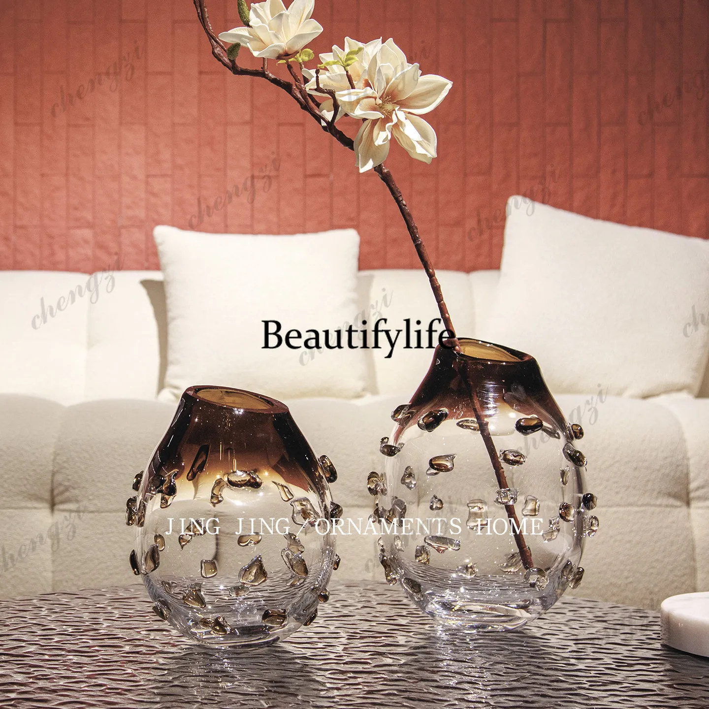 Modern transparent big belly vase glazed round dining table island table with flower arrangement TV cabinet