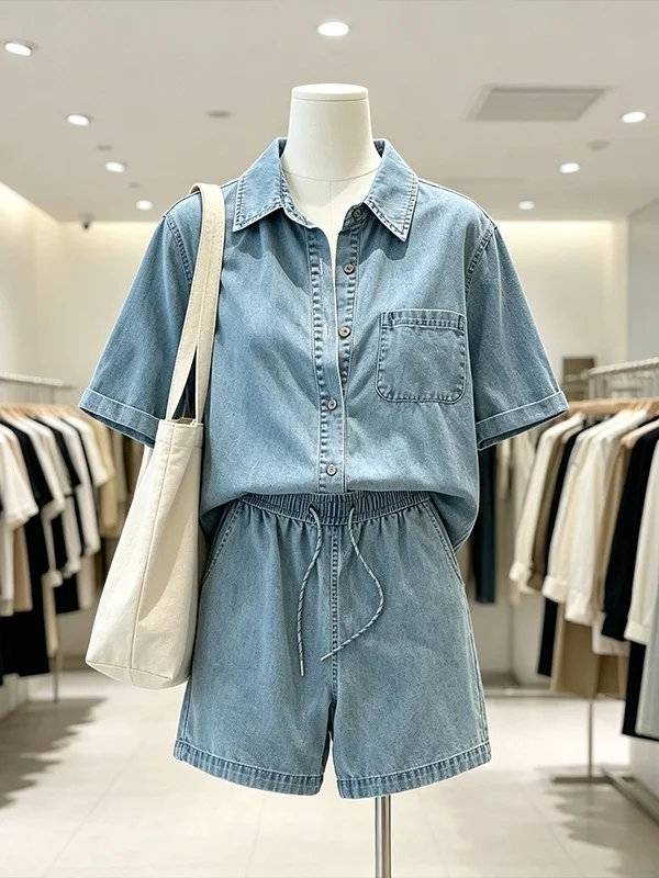 Conjunto de Camisa y Pantalones Cortos de Mezclilla Estilo Casual para Mujer, Talla Grande, Nueva Colección de Verano, Exclusivo en Tiendas Físicas, Corte Holgado Coreano, Manga Corta