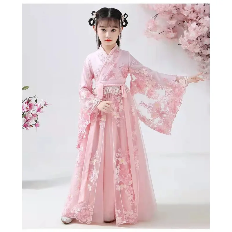 Chinese traditional folk dance dress girls pink dance costume Hanfu girls princess dresses set kids party cosplay clothing js544