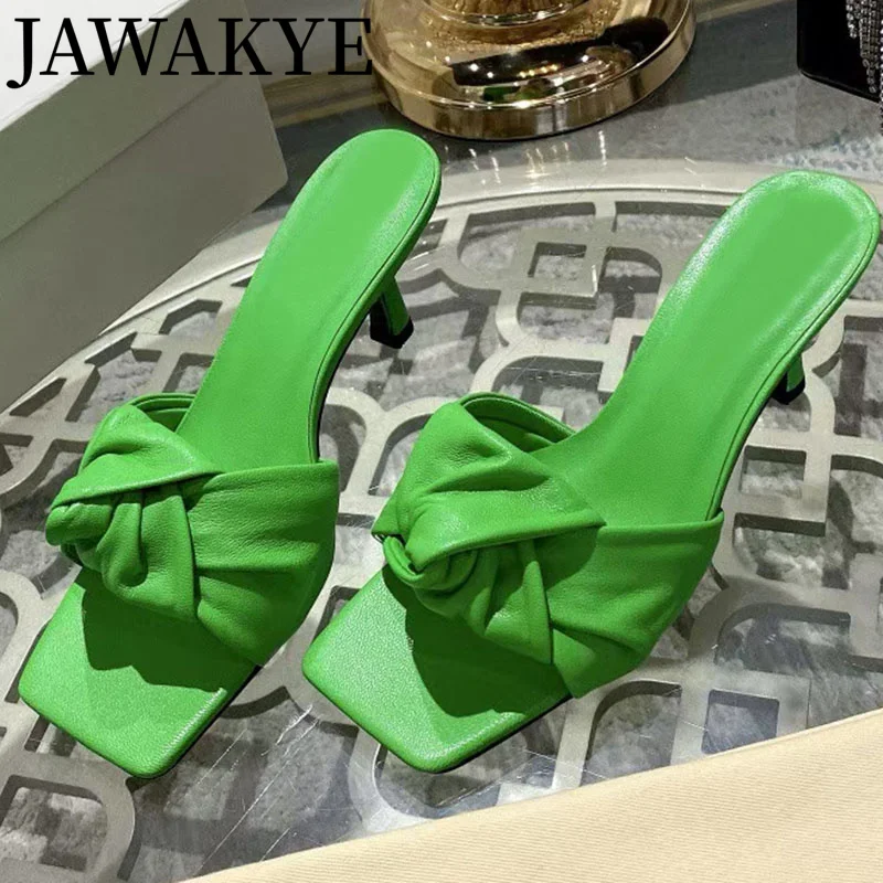 Runway Brand Turn Over Tied Women Slippers Square Toe High Heel Leather Ladies Pumps Sweet Female Mules Woman Slippers Summer