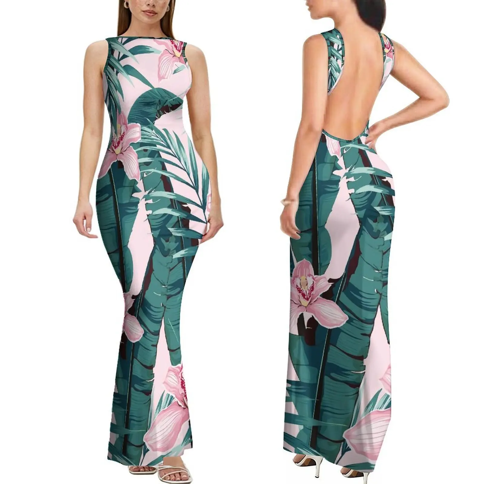 

Летнее и элегантное длинное утягивающее платье без рукавов для взрослых и сексуальное женское платье с открытой спиной и полинезийским индивидуальным рисунком