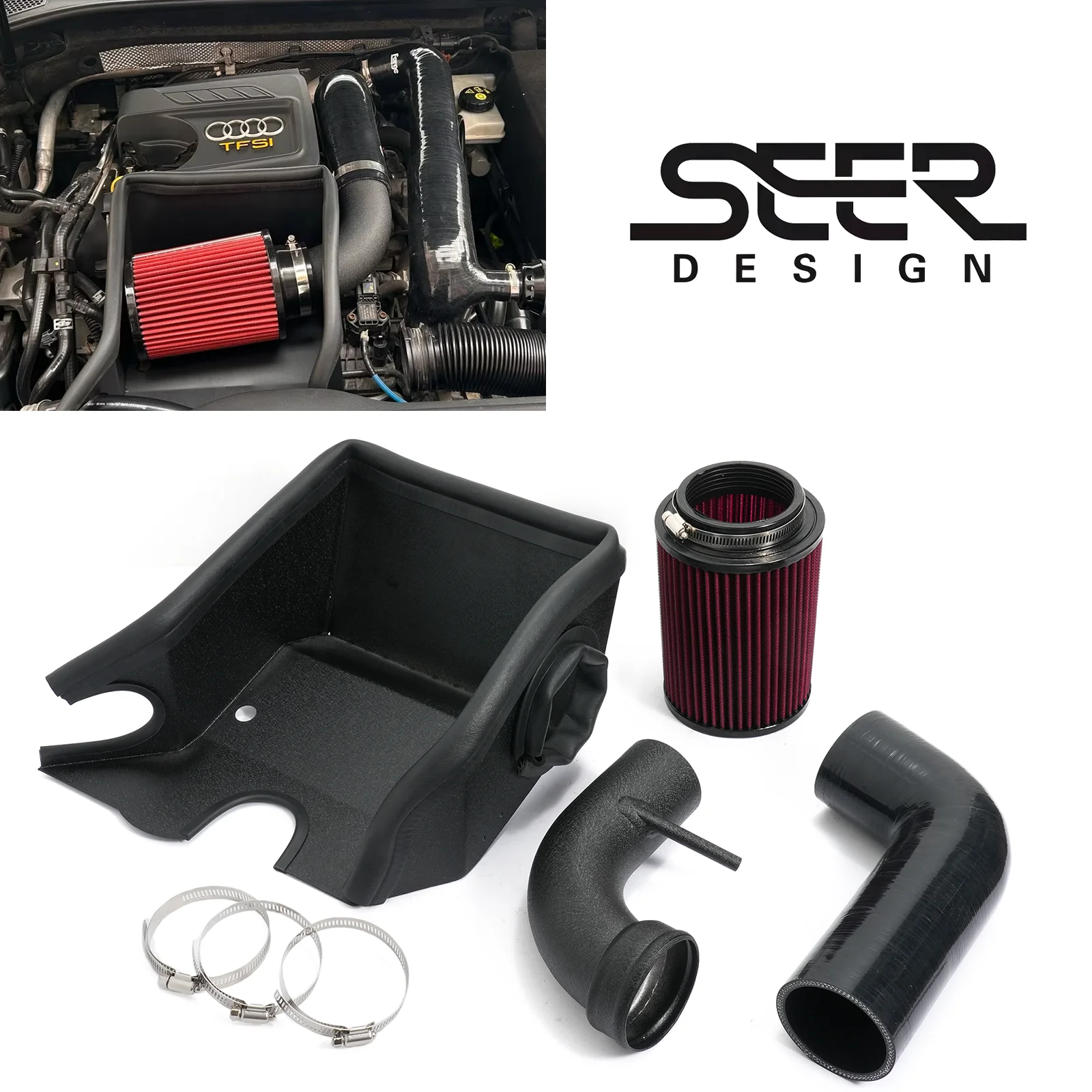 Cold Air Intake System Kit + Heat Shield Red Filter For Golf MK7 TSI TFSI Seat Performance Tuning Car Parts