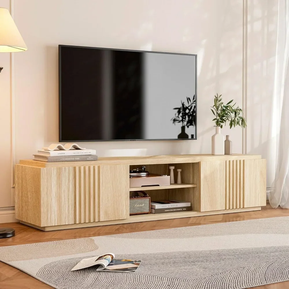 Grooved TV cabinet for TVs up to 75 inches, media center console table with oversized drawers and 2 tiers of open shelves