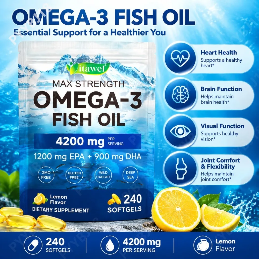 Omega-3 Fish Oil Softgels 4200mg Maintain Heart Brain Visual Function & Increase Joint Comfort Flexibility Lemon Flavor 240 Ct