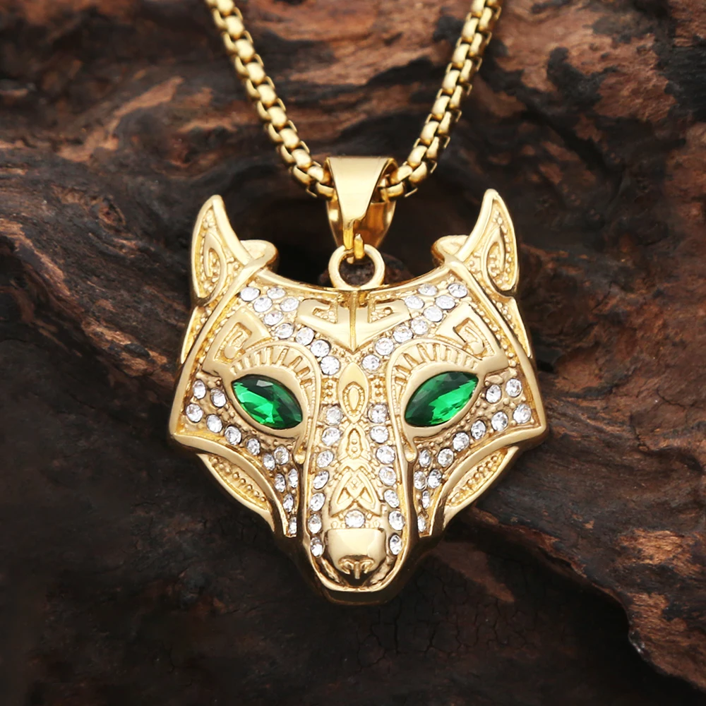 男性と女性のためのオオカミの頭の形をしたペンダント付きネックレス,ヴィンテージ,ゴールデンカラー,316lステンレス鋼,北欧の動物のネックレス,ファッションジュエリー,ギフト