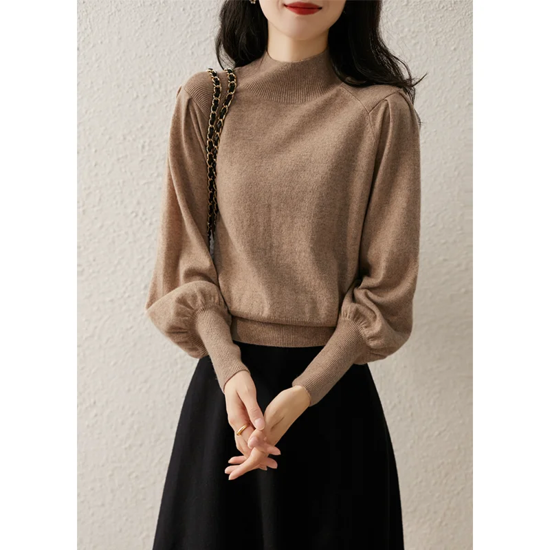 

Women Autumn Winter New Style Half Turtleneck Sweater Solid Color Simple Casual Horn Sleeve Loose Figure Flattering Knitted Top