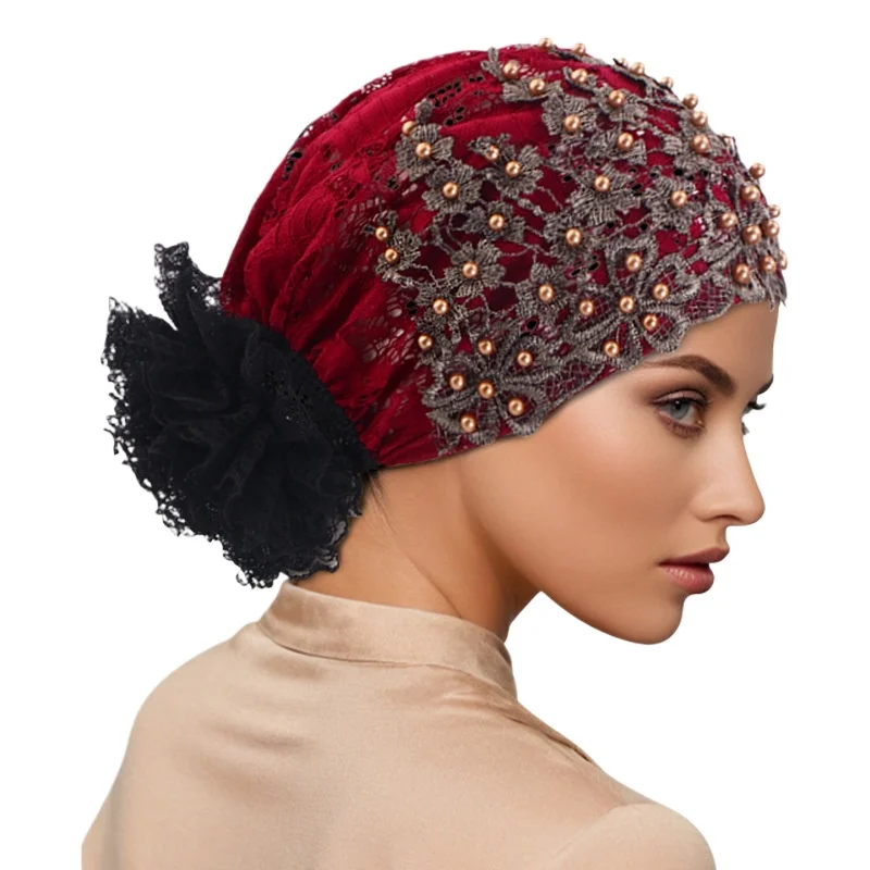 

Элегантный женский хиджаб, платок, мусульманская мода, хиджаб, кепка, новая жемчужная полая пластина, кружевная шляпа с цветком, аксессуары для волос