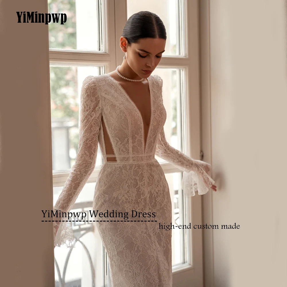 Kant Trouwjurken Luxe 2025, Zeemeermin Volledige Mouw Split Vooraan Bruidsjurken Applique Sweep Trein Vestidos De Novia Aangepast