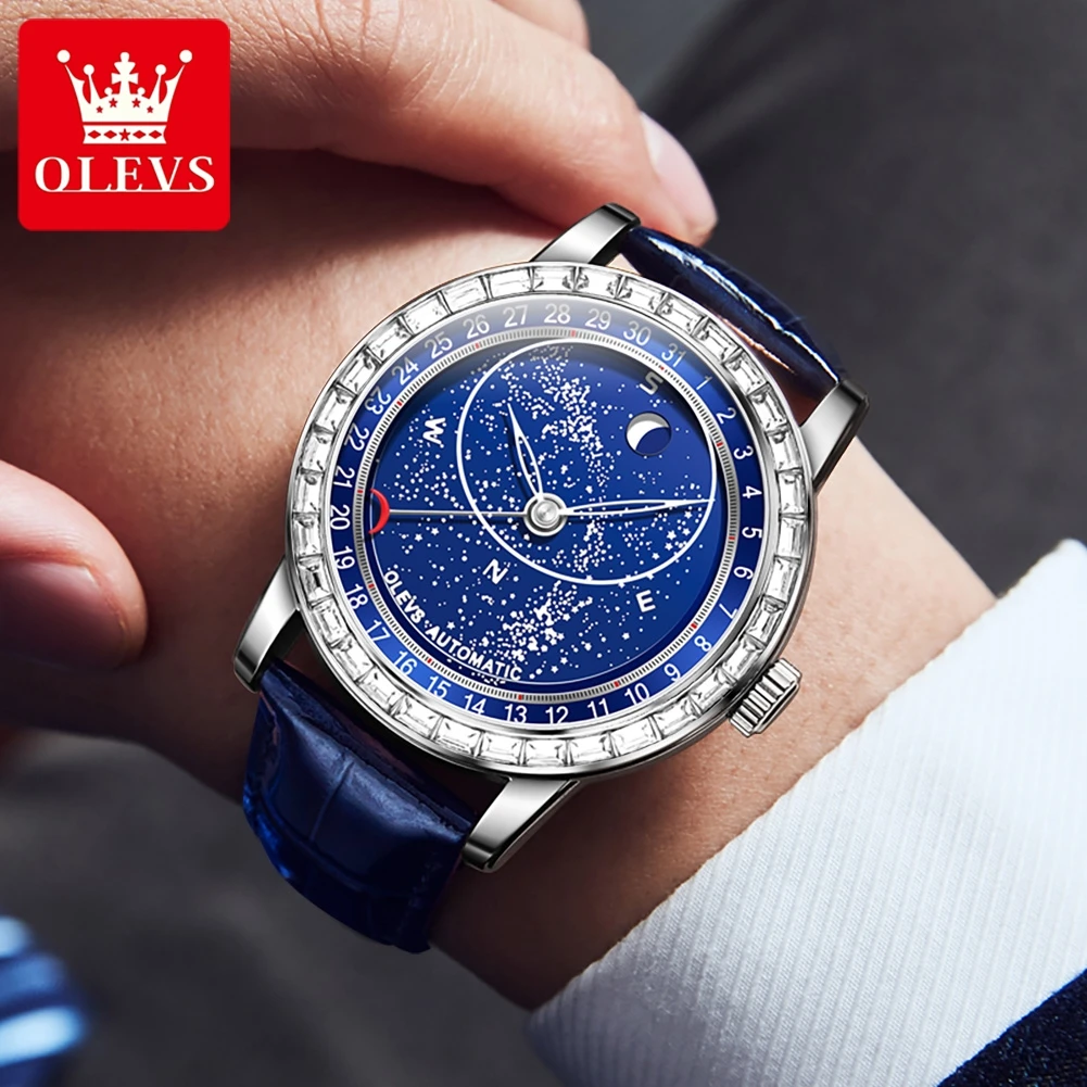 OLEVS 9923 Men\'s Automatic Mechanical Watch Luxury Diamond Starry Sky Waterproof Luminous Dial Fashion Blue Leather Men\'s Watch