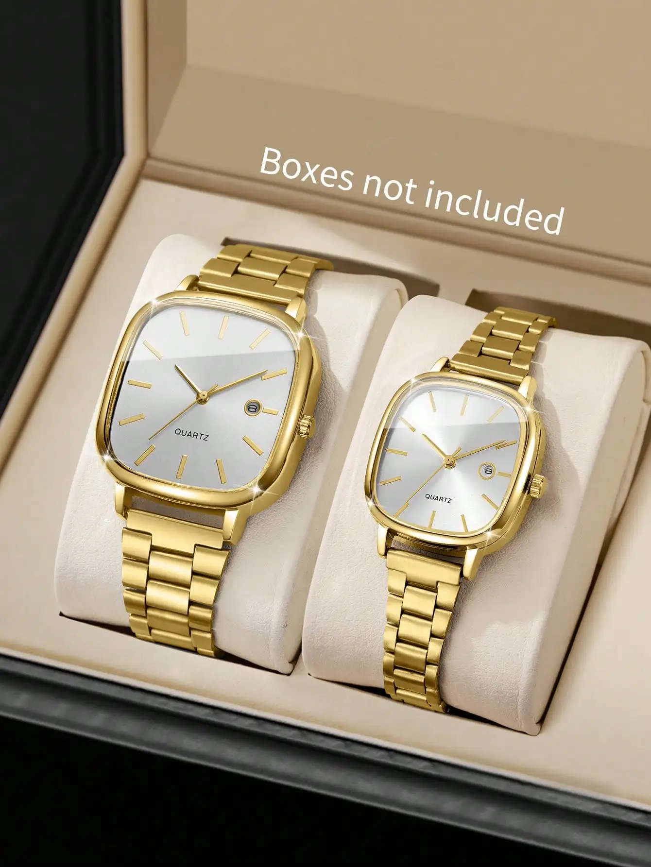 

Набор из 2 минималистичных кварцевых часов с квадратным циферблатом золотистого цвета для пар