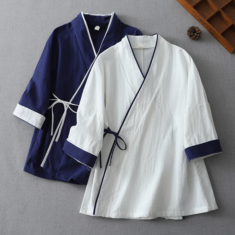 

Контрастная хлопковая блузка-кимоно в китайском стиле, женская традиционная верхняя одежда, белая/темно-синяя рубашка с V-образным вырезом, кардиган-накидка