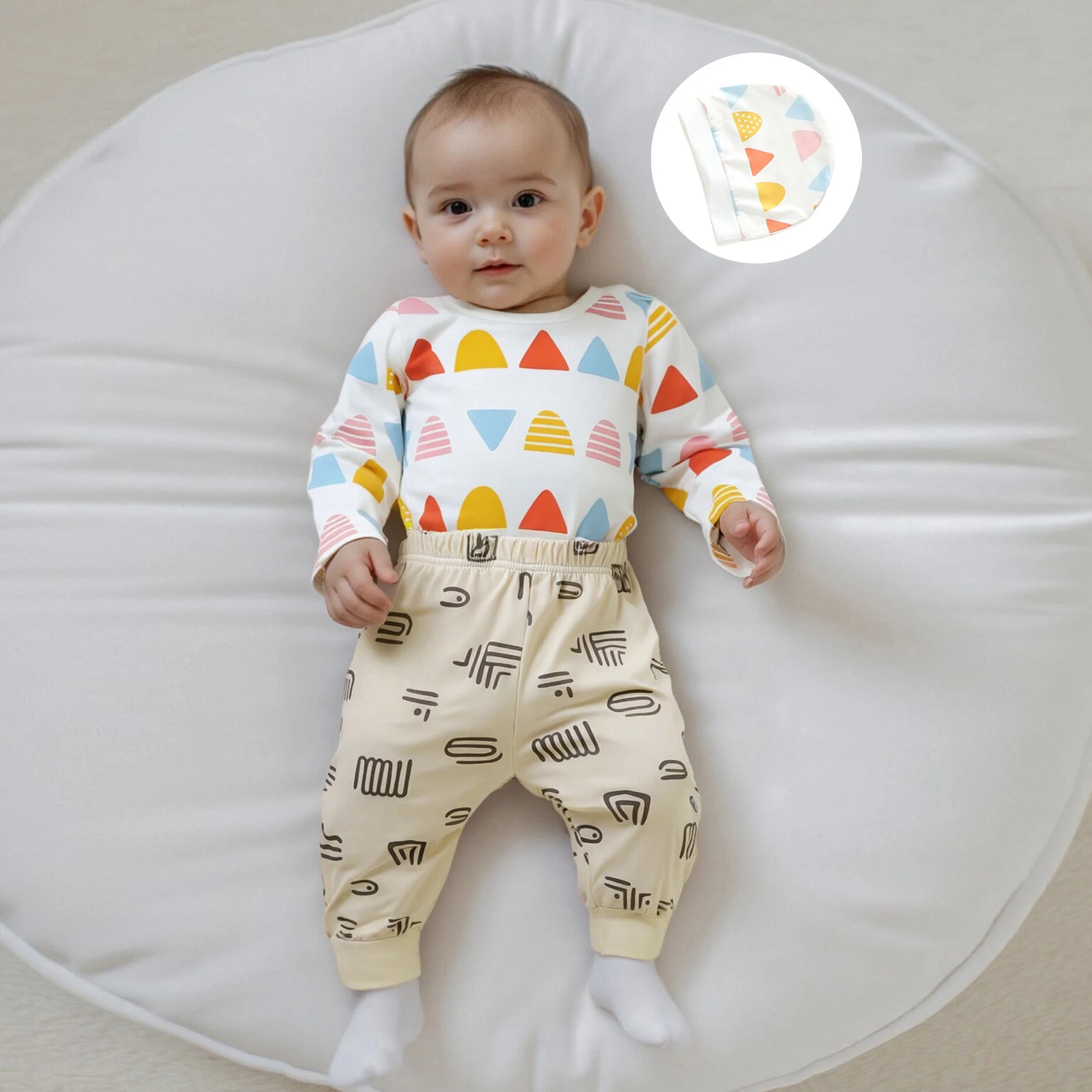 Baby Boys Pants Set, Long Sleeve Crew Neck Geometric Romper with Sweatpants and Hat Fall Outfit