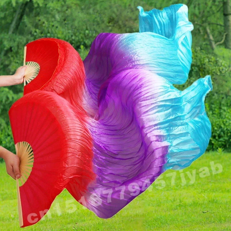 1 para prawdziwych jedwabnych wachlarzy, długie, z gradientem kolorów, do tańca brzucha, chińskie wachlarze taneczne, klasyczny rozmiar, rekwizyty do tańca weselnego, długie jedwabne wachlarze