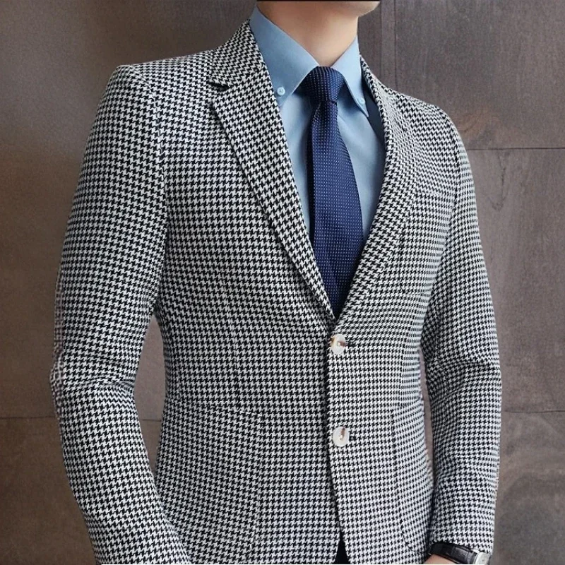 Plaid Men Blazer 1 Pc Casual Houndstooth Suit Jacket Large Size Male Fashion Notched Lapel Check Coat