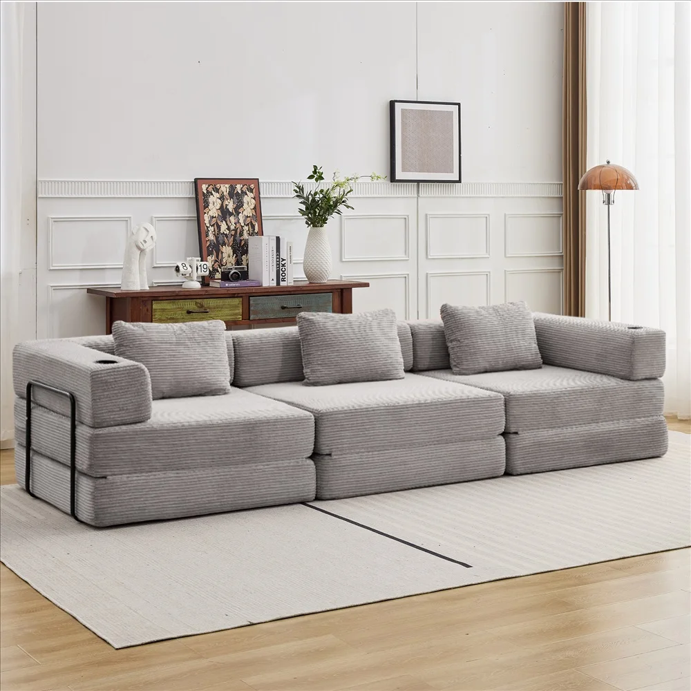 Canapé modulaire en velours côtelé, combinaison libre, convertible, avec porte-gobelets, chaise longue surdimensionnée pour salon