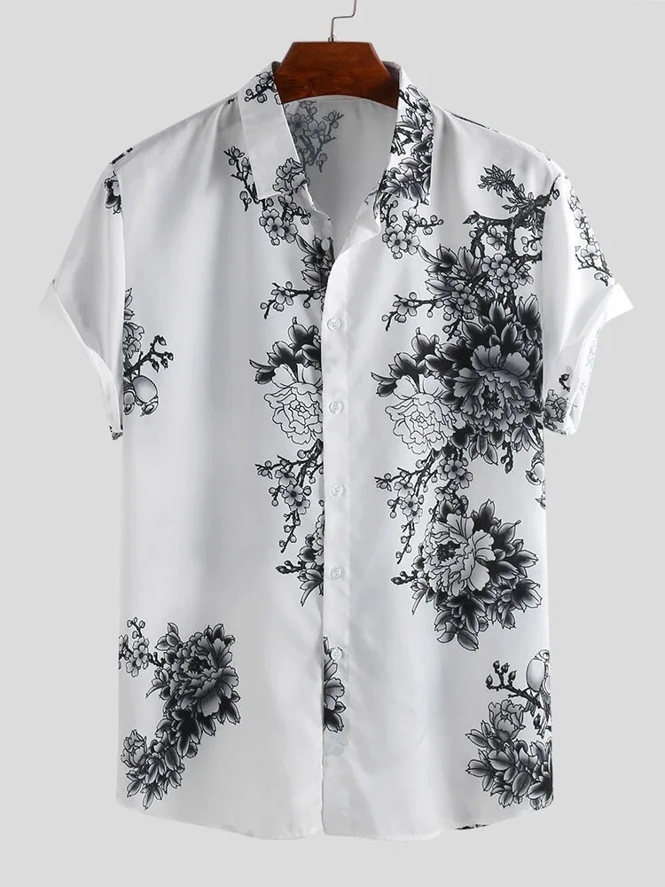 European and American Men's Printed Shirt Southeast Asian Casual ink Painting Plum Blossom Short Sleeved Lapel S-3XL