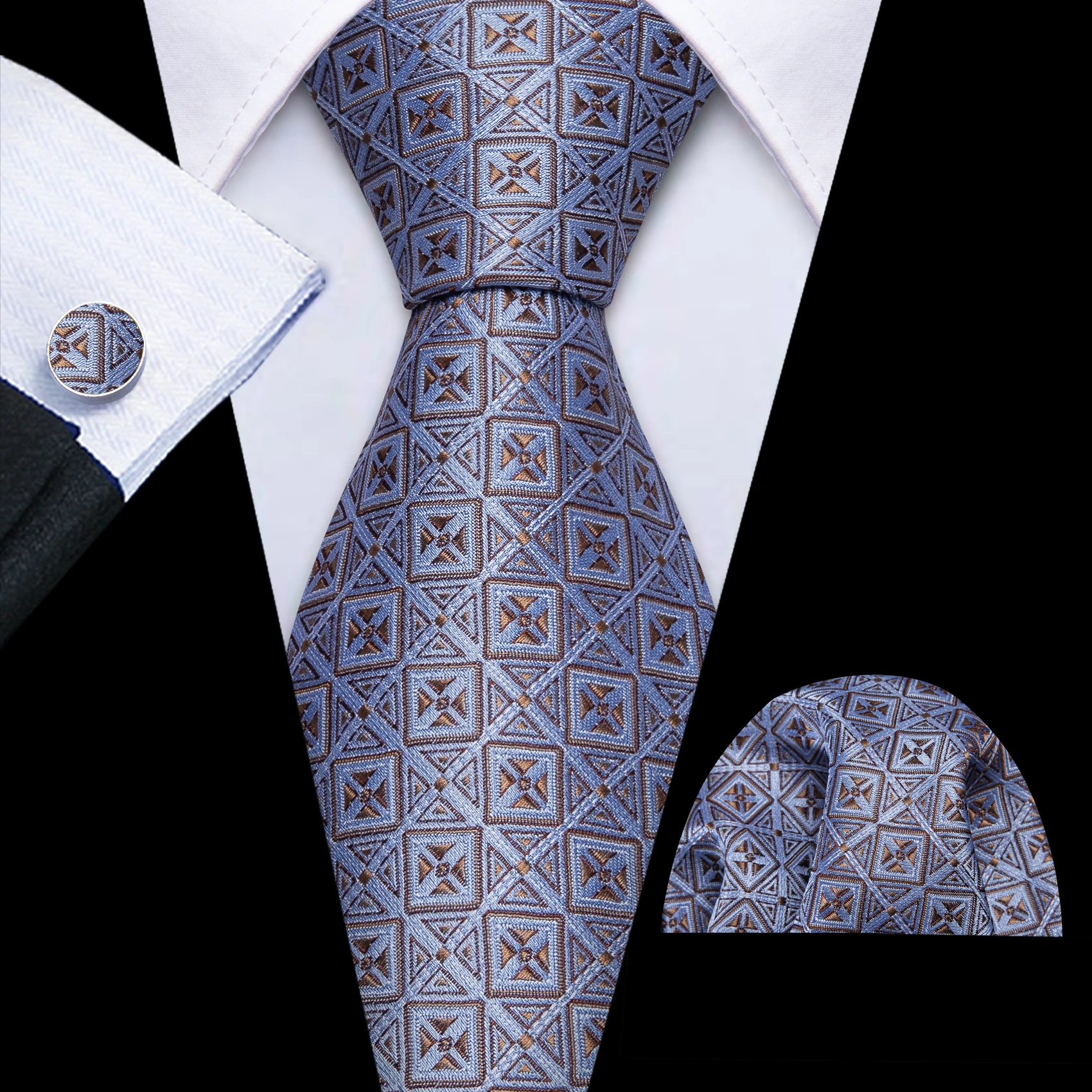 Geometric Men's Suit Necktie Set Jacquard Plaid Checked Tie Handky Cufflinks Formal Wedding Business Party Black Blue Red Grey