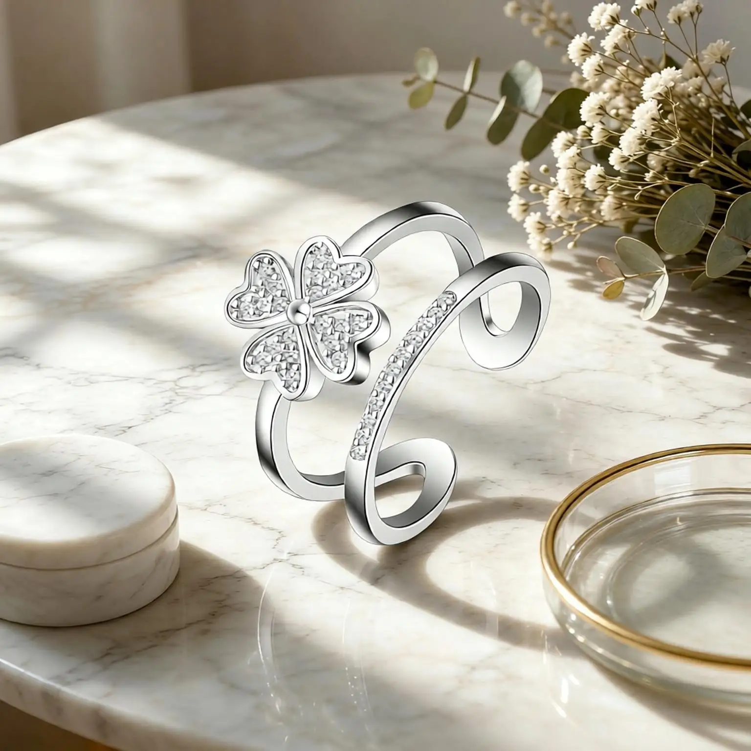 Exquisite 925 Sterling Silver Four Leaf Clover Multi-Layer Crystal Zircon Open Rings For Women Girls Wedding Party Jewelry Gifts