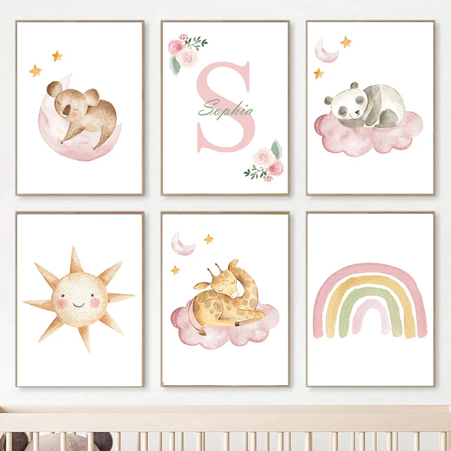 1pc frameless Canvas Painting Blush Pink Nursery Wall Art Sleeping Animal Canvas Prints Cute Moon Sun Posters Inspirational Quot