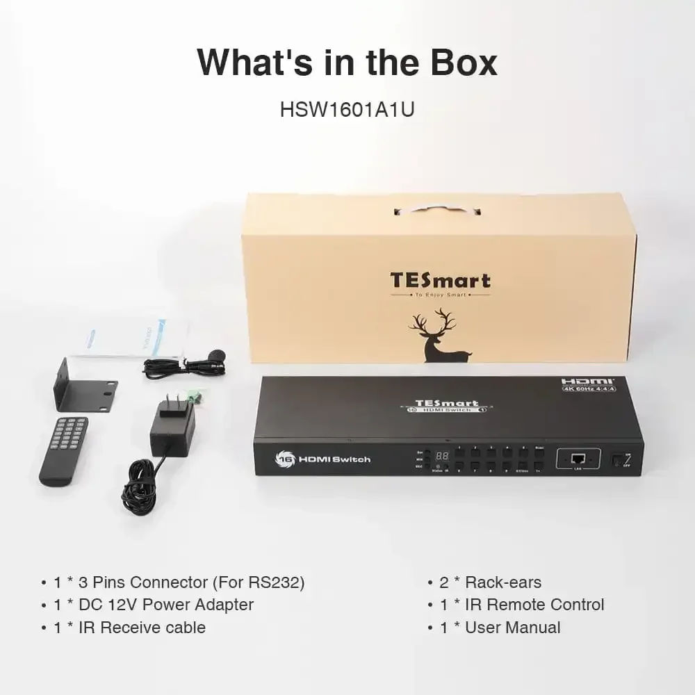 

TESmart 16 Port HDMI Switch 4K UHD 3840x2160@60Hz HDMI Switcher Box With RS232 LAN Port Support HDCP 2.2 Switcher