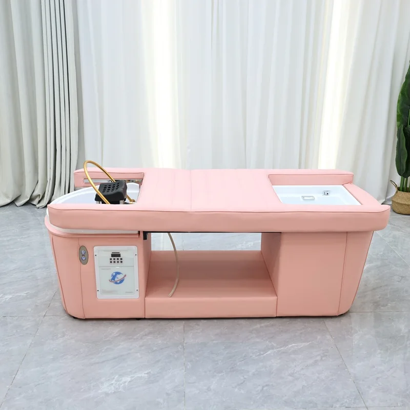 New Design Backrest Adjustable Pink Hair Washing Bed Lay Down Electric Massage Salon Shampoo Bed with Foot Bath for Salon Shop