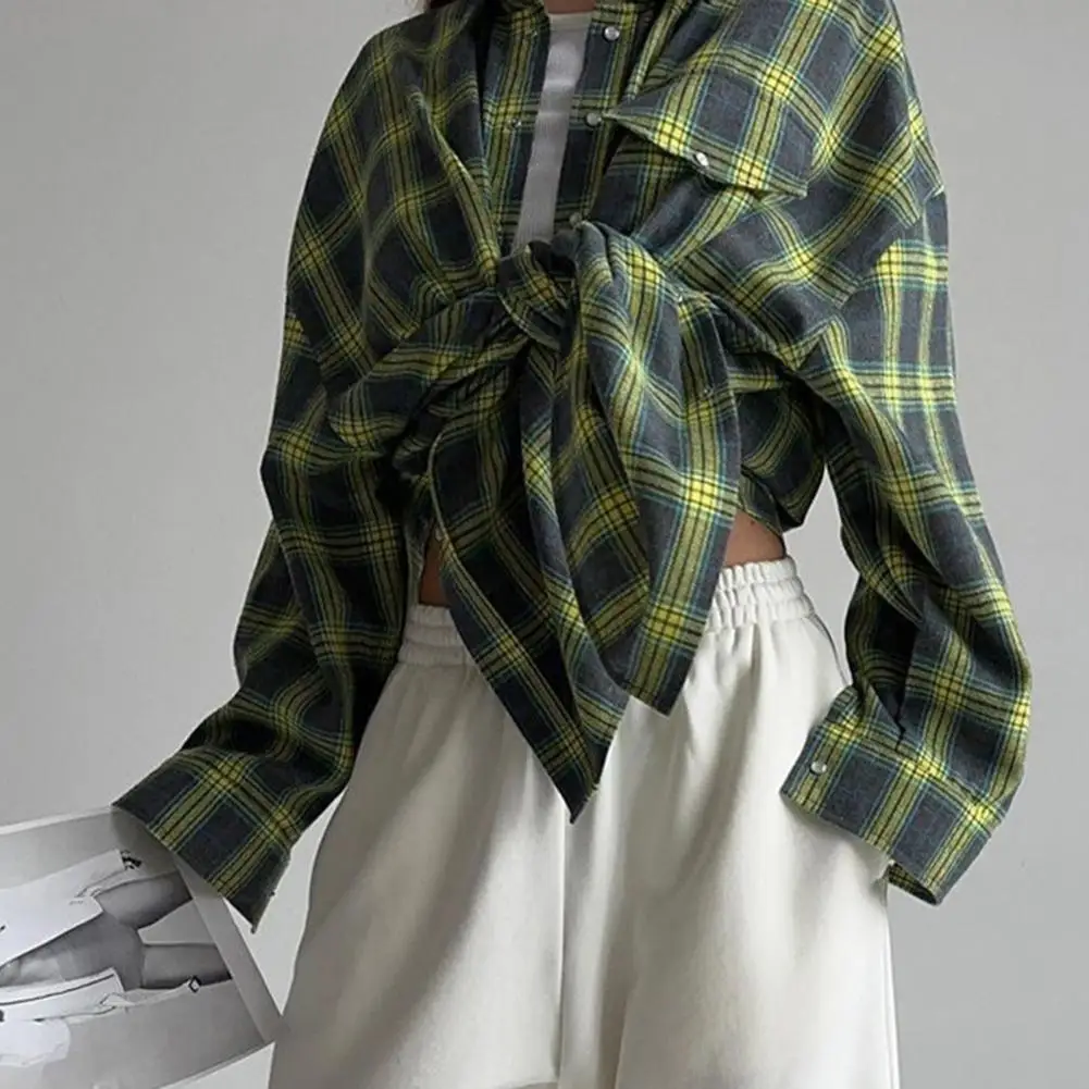 Women Autumn Shirt Lapel Long Sleeve Single Breasted Shirt Tops Plaid Print Loose Fit Patch Pocket Shirt Streetwear 체크 블라우스