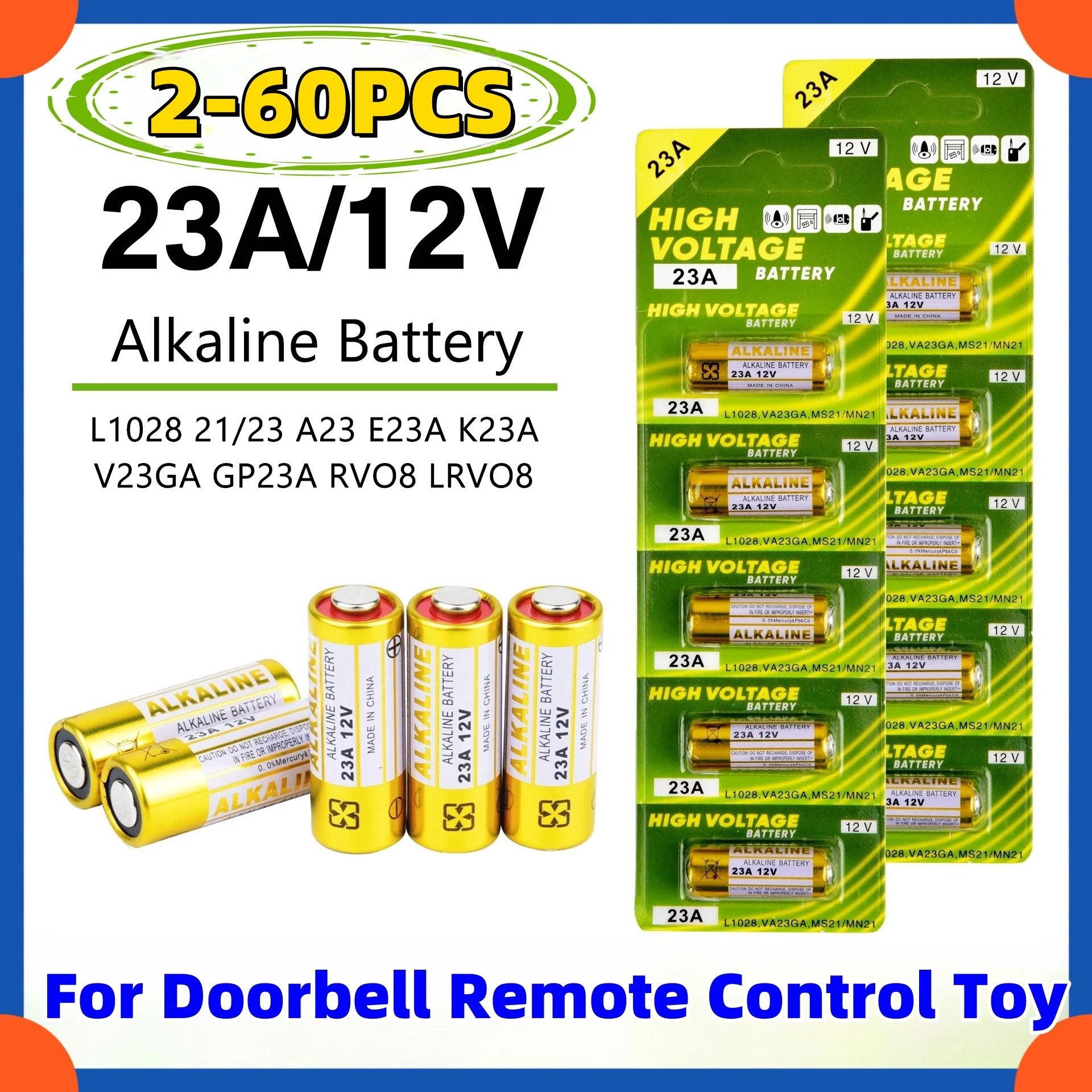 

2-60PCS 58mAh 23A 12V Batteries Remote Control Toys Dry Alkaline Battery L1028 21/23 A23 E23A K23A V23GA GP23A RV08 LRV08 23A