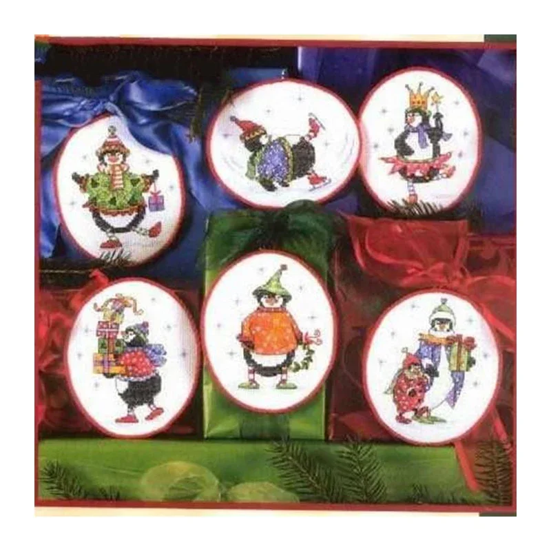 Amishop Top Quality Lovely Hot Sell Counted Cross Stitch Kit Six Penguin Parade Ornaments Ornament Dim 08812